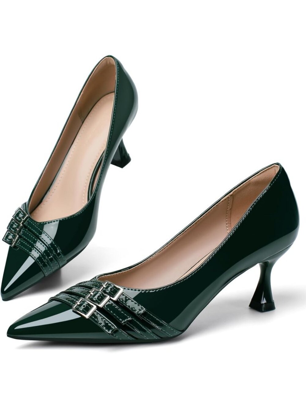 Women's Green Leather Kitten Heels Comfortable Closed Pointed Toe Pumps Shoes